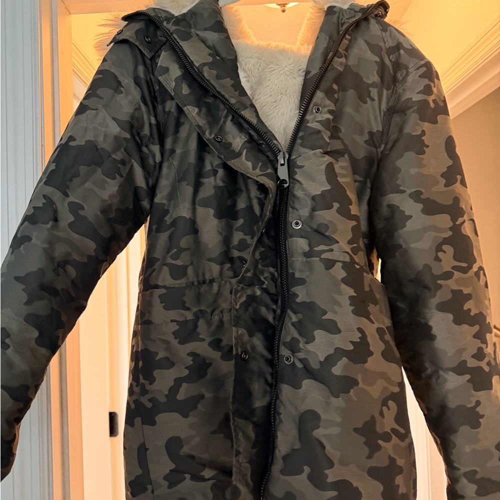 TopShop Camouflage Fur Hooded Jacket